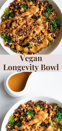 two bowls filled with vegetables and sauces on top of each other, next to the words vegan longevly bowl