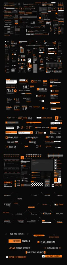 an orange and black poster with many different types of lines on the bottom half of it