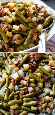 green beans and potatoes in a white bowl with a fork next to the same side dish