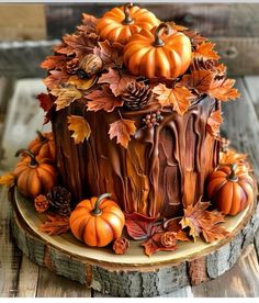 a chocolate cake decorated with fall leaves and pumpkins