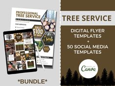 the tree service flyer is shown with an ipad and tablet