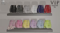 several different colored skirts are displayed on the shelf in front of a sign that says vrp collection plus