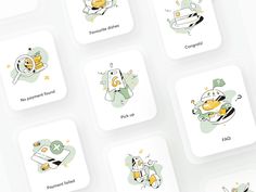 six square stickers with cartoon characters on them