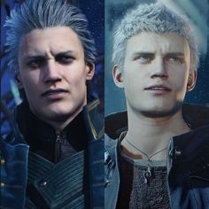 three different characters from the video game devil mays, one with grey hair and another with white hair