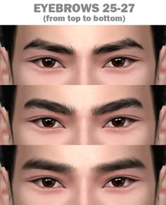 four different views of the eyes of a man with brown eyes and eyebrows, from top to bottom