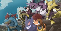 several different types of pokemon on a rocky surface