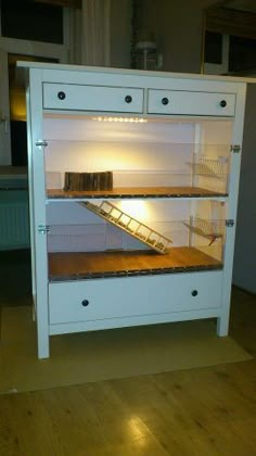 a white cabinet with shelves and lights in it