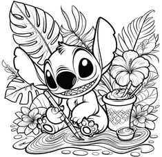 stitcher from stitchers coloring pages with flowers and plants on the ground in black and white