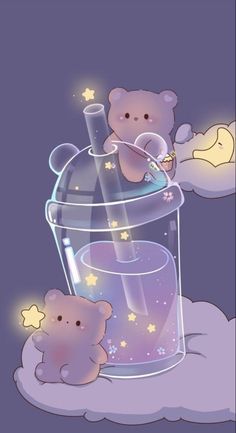 two teddy bears in a glass container with stars on the bottom and one bear inside