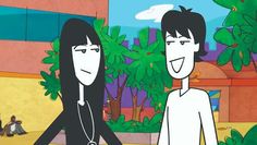 an animated image of two people standing in front of a building, one is smiling at the other