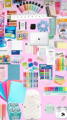 an assortment of school supplies on a pink background