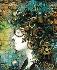 a woman's head with gears and other things on it, as if she was in a steampunk fashion