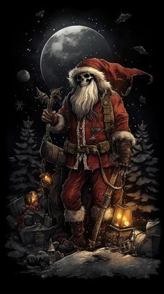 a santa clause standing in the snow with his hand on his hip and holding a lantern