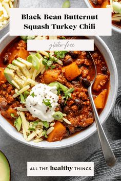 a bowl of black bean butter squash turkey chili