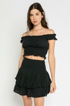 Off-the-Shoulder Ruffle Skirt Set Tops And Bottoms, High Rise Skirt, Ruffle Mini Skirt, Ruffle Mini Dress, Dress Boho, 80 Dress