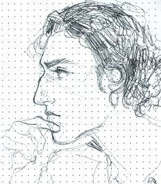 a drawing of a man's face with dots on the paper behind him,