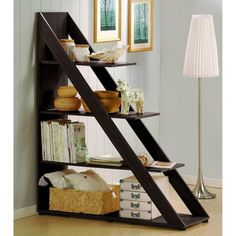 a bookshelf with shelves and baskets on the bottom shelf, holding various items