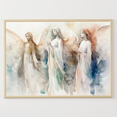 watercolor painting of three angels standing in front of a white wall with a gold frame