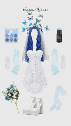 a white dress with blue hair and accessories