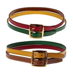 Features: - 100% Authentic HERMES. - Reversible double leather belt straps. - One side is red and green leather straps. - Other side is brown and yellow leather straps. - Gold tone buckle. - Signed HERMES on the buckle and HERMES PARIS MADE IN FRANCE on the brown leather strap. - Comes with Hermes box. - Excellent vintage condition. Measurements: Buckle Height: 2.16 inches (5.5 cm) Wearable Length: 27.55 inches, 28.34 inches, 29.13 inches (70 cm, 72 cm, 74 cm) Total Length: 31.88 inches (81 cm) Pop Colour, Hermes Box, Vintage Hermes, Hermes Paris, Fashion Belts, Brown Leather Strap, Yellow Leather, Christian Lacroix, Suspender Belt