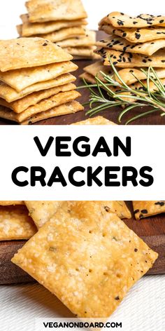 vegan crackers on a cutting board with rosemary sprigs