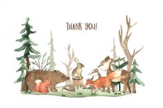 a watercolor painting of woodland animals with the words thank you