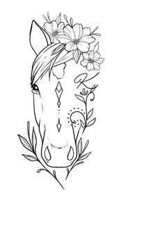 a horse with flowers on its head is shown in this black and white drawing,