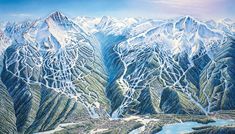 an aerial view of snow covered mountains and lakes in the foreground, with roads running through them