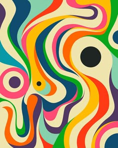 an abstract painting with different colors and shapes in the form of swirls on white paper