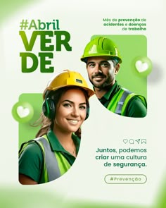 a poster with two people wearing hardhats and green safety gear on the front