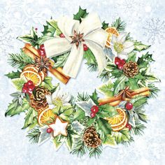 a christmas wreath with oranges, holly leaves and pine cones on it's side