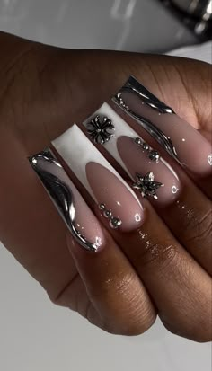 Trendy Nails Black Women, Med Square Nails, Long Square Acrylic Nails With Charms, Sag Nail Designs, Birthday Year Nails, Black Simple Nail Designs, Long Square Acrylic Nails Designs Bling, Birthday Nail Set Ideas December, New Nails Design 2024