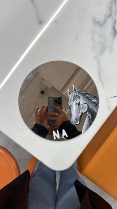 a person taking a selfie in front of a mirror with a horse on it