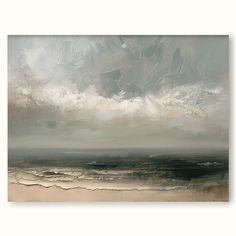 an abstract painting with grey and white clouds above the ocean on a gray background by corbi