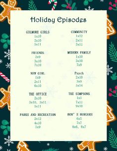 the holiday episode schedule is shown with gingerbreads and candy canes on it