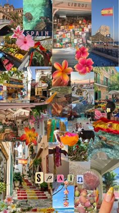 a collage of photos with flowers and buildings