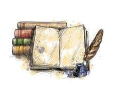 an open book with a feather and some crayons