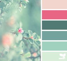 the color palette is green, pink and blue with some little red flowers on it