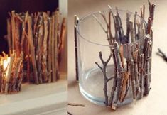 there are two pictures of branches in glass vases and one is made out of twigs