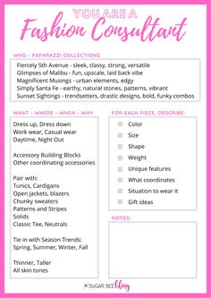 the fashion consulting checklist is shown in pink and white