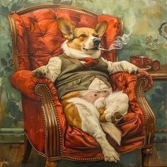 a painting of a dog sitting on top of a red chair