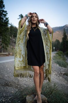 Crushin' On You Velvet Kimono - Olive  |  Kimonos  - Three Bird Nest Crochet High Neck, Metal Dress, Kimono Outfit, Three Bird Nest, Velvet Kimono, Cute Maternity Outfits, Elevated Style, Floral Print Skirt, Daily Dress