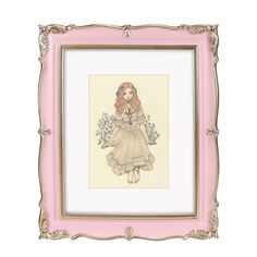 a drawing of a woman in a dress with flowers on her head and pink frame