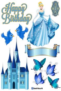 a birthday card with princess and blue butterflies