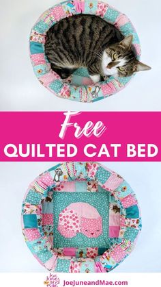 a cat laying on top of a bed with the words free quilted cat bed