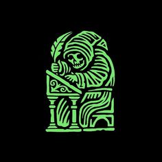 a neon green glow sticker depicting a skeleton working on a piece of machinery in the dark