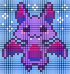 an image of a pixellated pokemon character in purple and blue colors on a light blue background