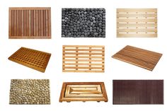 several different types of wooden flooring with rocks and wood slats on the sides