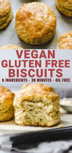 vegan gluten free biscuits on a baking sheet with text overlay