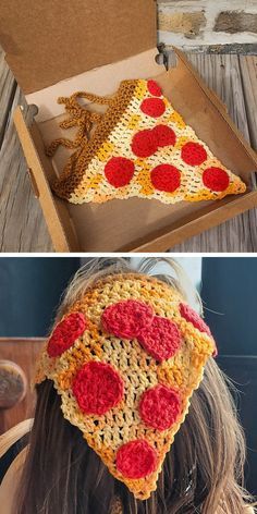 two pictures one with a crocheted pizza hat and the other has a piece of pizza in it